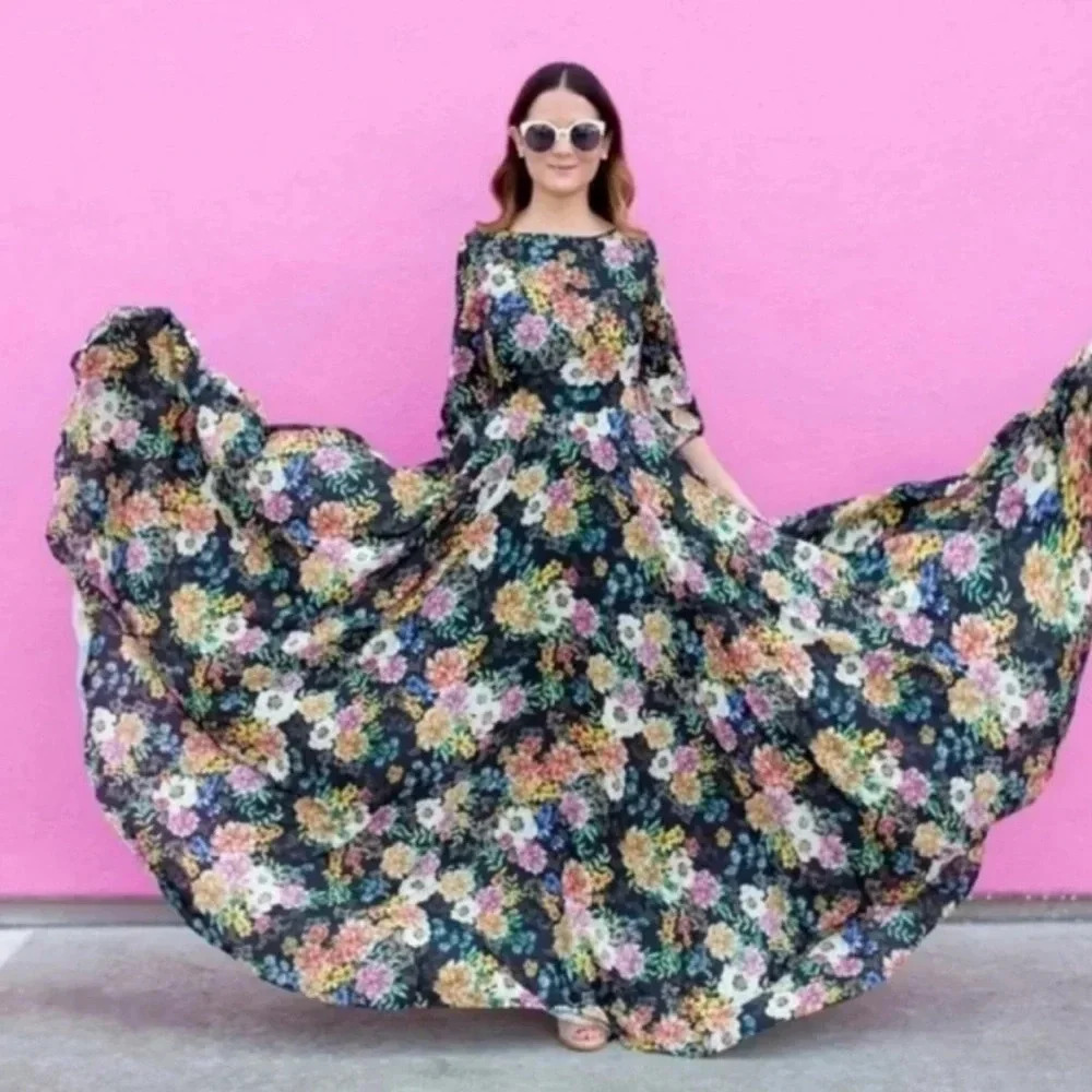 NWT Yumi Kim Black Floral Woodstock Maxi Dress 3/4 sleeve Size XS